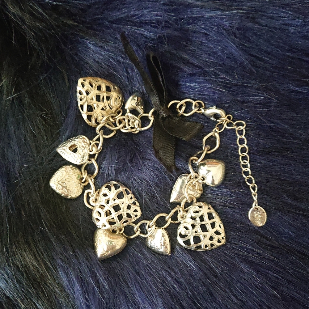 Claire's Gold Heart Charm Bracelet with Black Ribbon